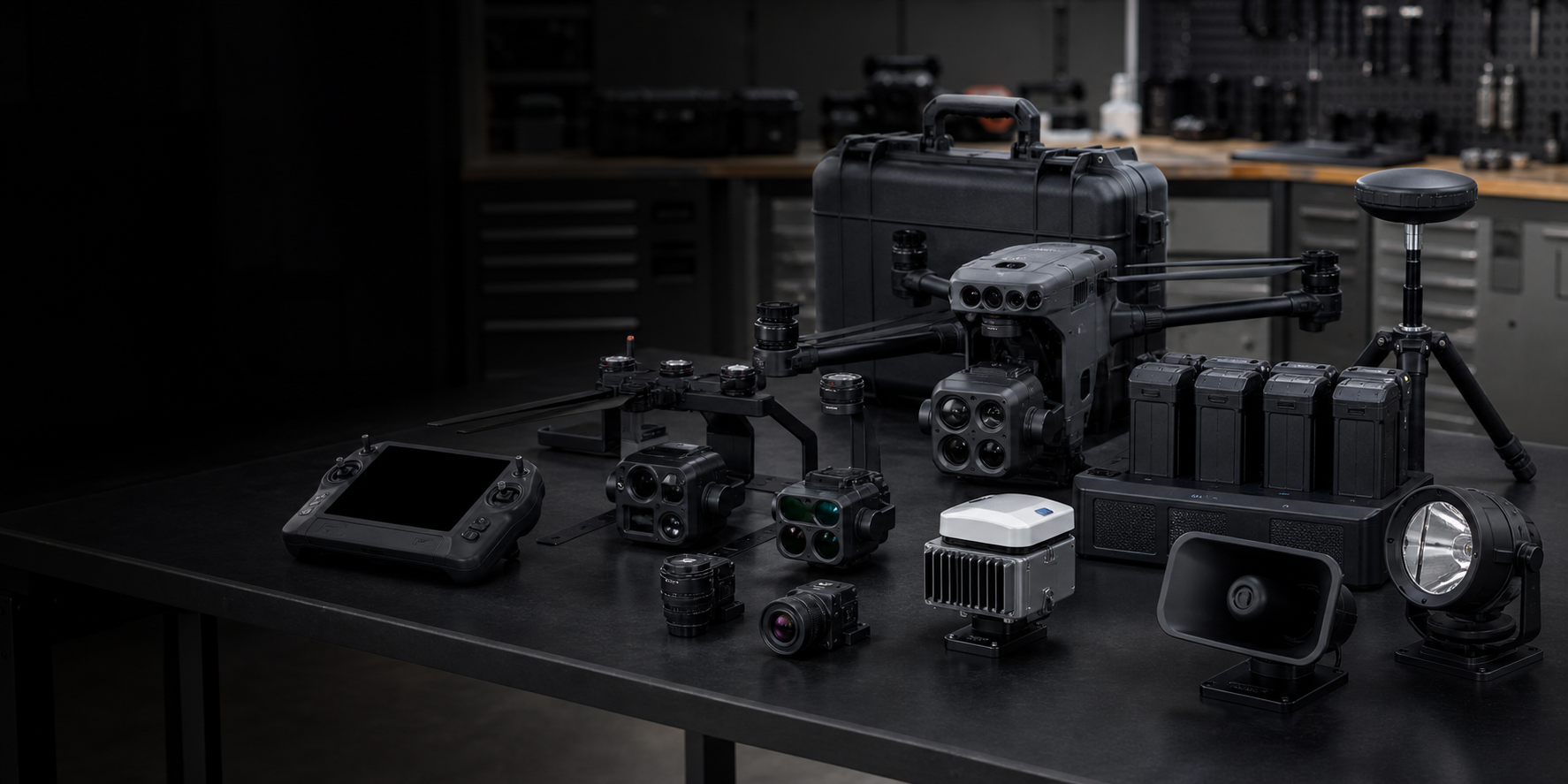 DJI Enterprise drone accessories including payloads RTK equipment batteries controller spotlight speaker and charging tools arranged for industrial drone solutions