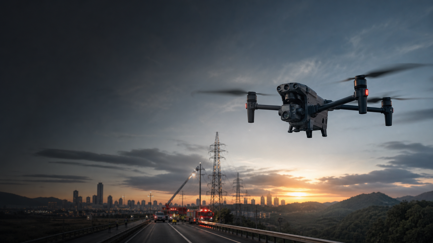 DJI Matrice 30 Series rugged portable enterprise drone flying over an emergency response and utility inspection scene