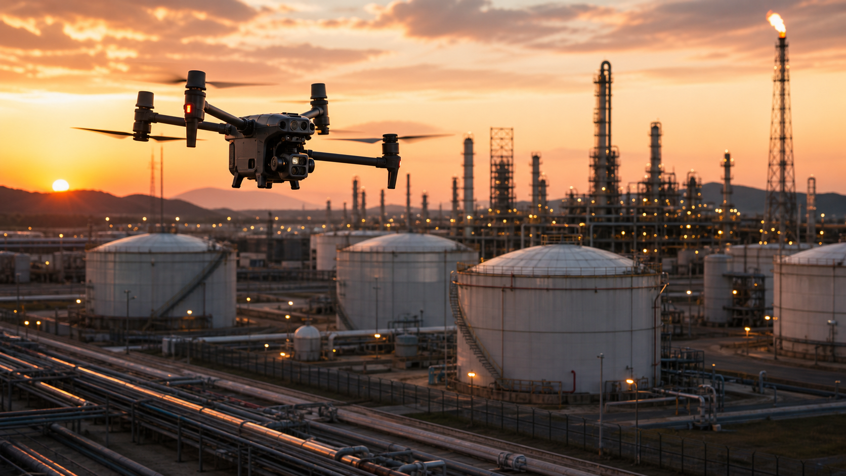DJI Matrice 30T rugged portable thermal drone inspecting oil and gas facility tanks pipelines and perimeter areas