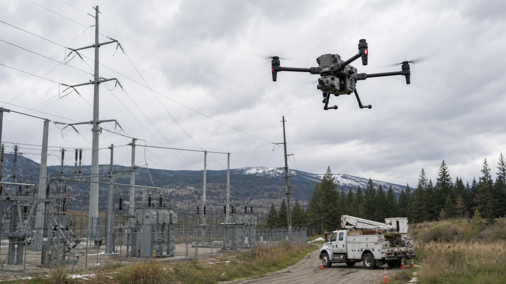 Thermal enterprise drone inspecting a substation and distribution equipment