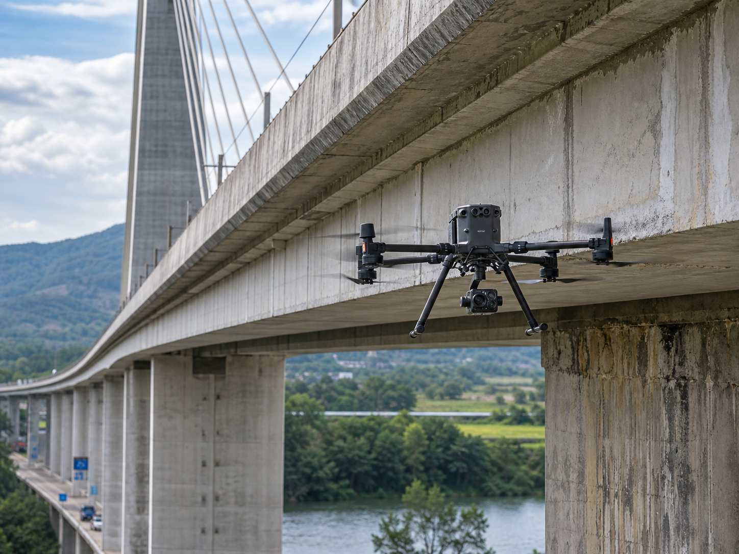 Drone inspecting transportation infrastructure and bridge assets