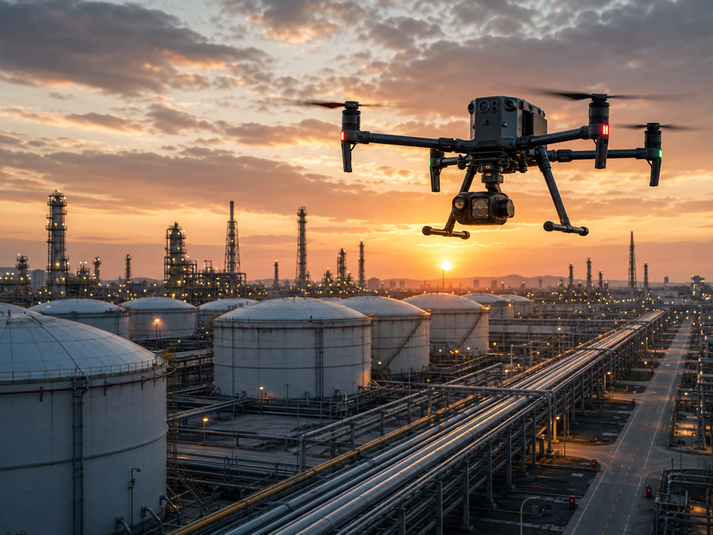 DJI Matrice 350 RTK enterprise drone inspecting oil and gas tanks, refinery pipelines, and restricted industrial sites