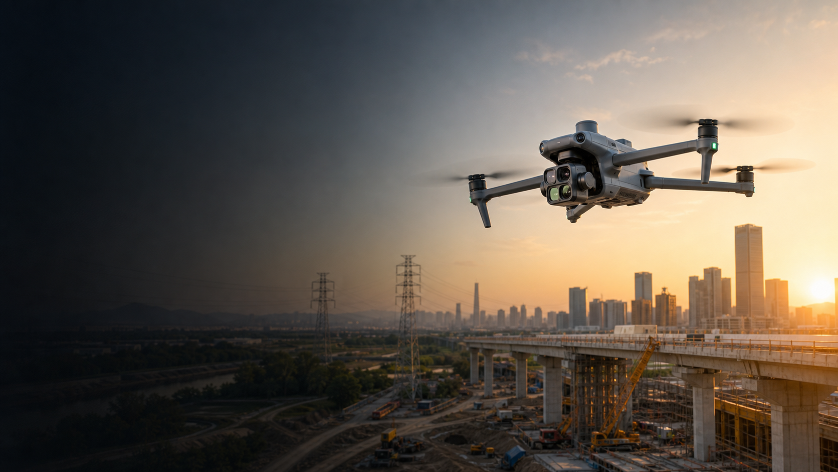 DJI Matrice 4 Series compact enterprise drone flying over an urban infrastructure and construction site for inspection and mapping