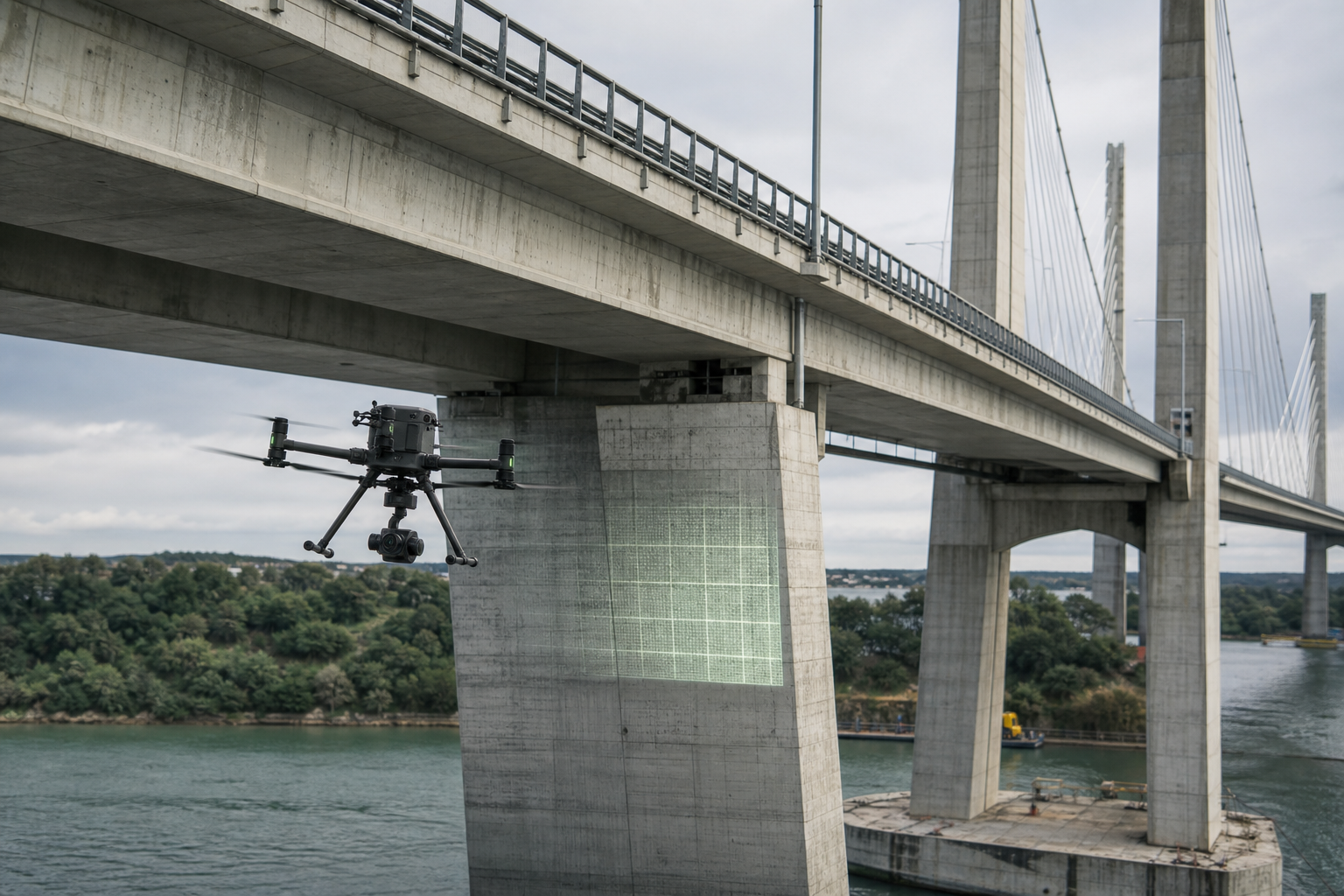 Industrial drone inspecting a large bridge structure for infrastructure maintenance