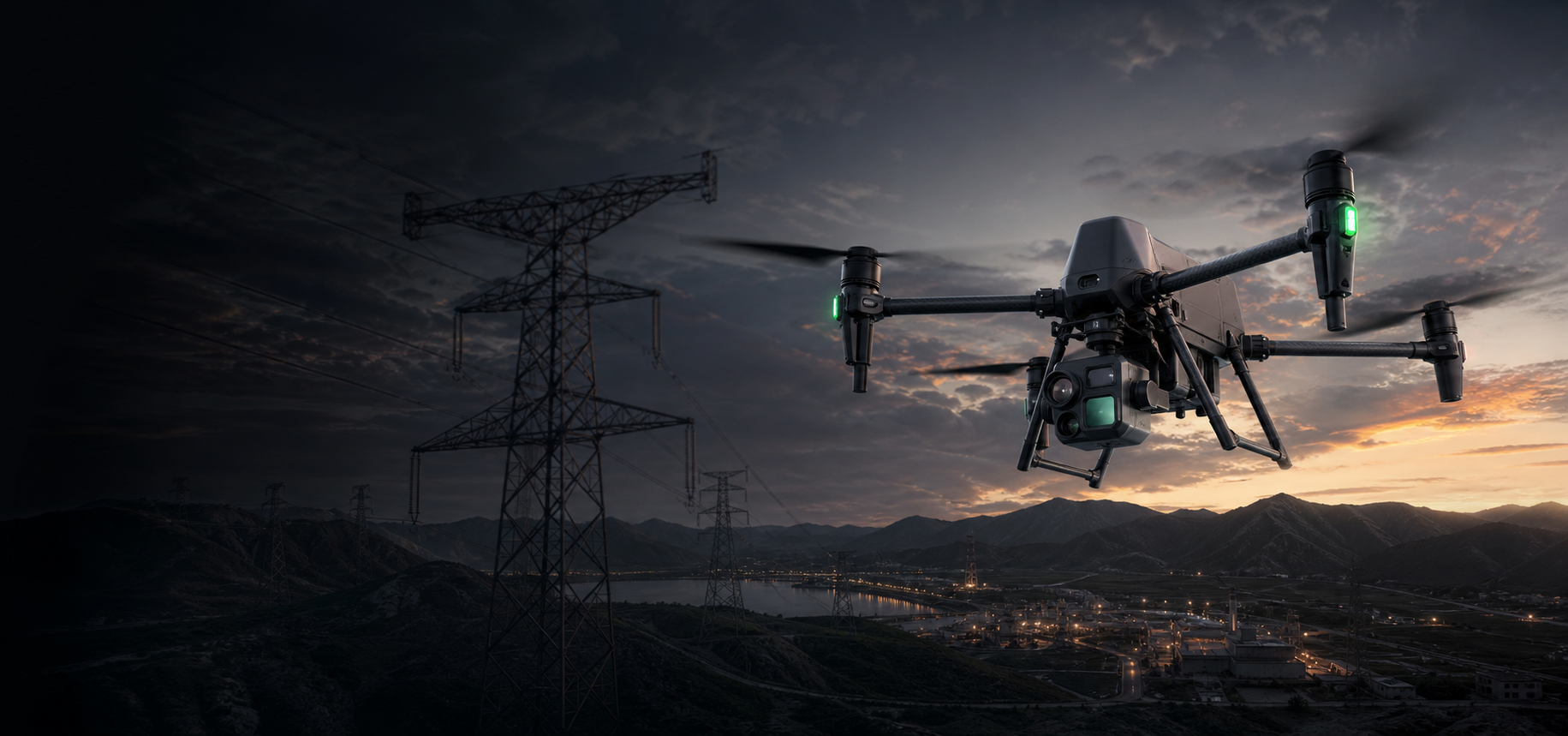 Enterprise drone inspecting high-voltage transmission lines for a power utility