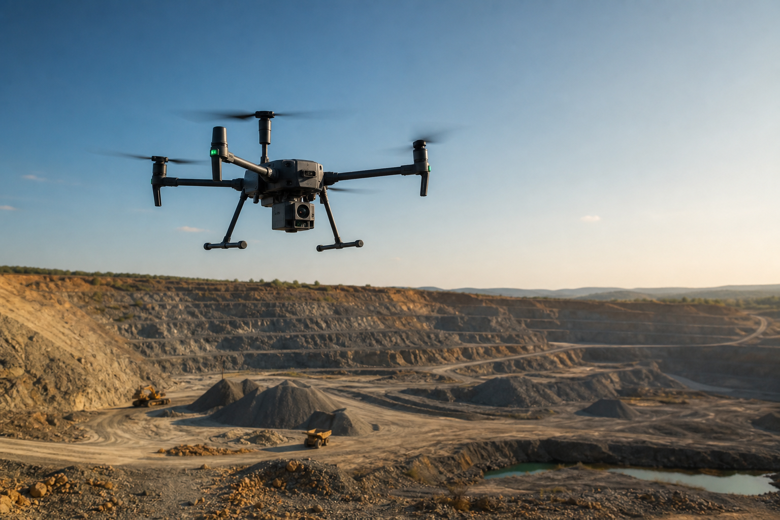Enterprise drone surveying an open-pit mine for terrain mapping and slope monitoring