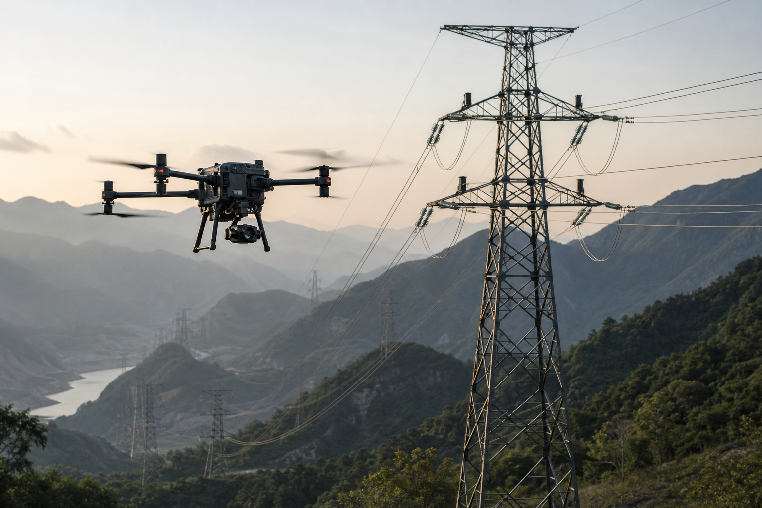 Enterprise drone inspecting high-voltage transmission conductors and towers