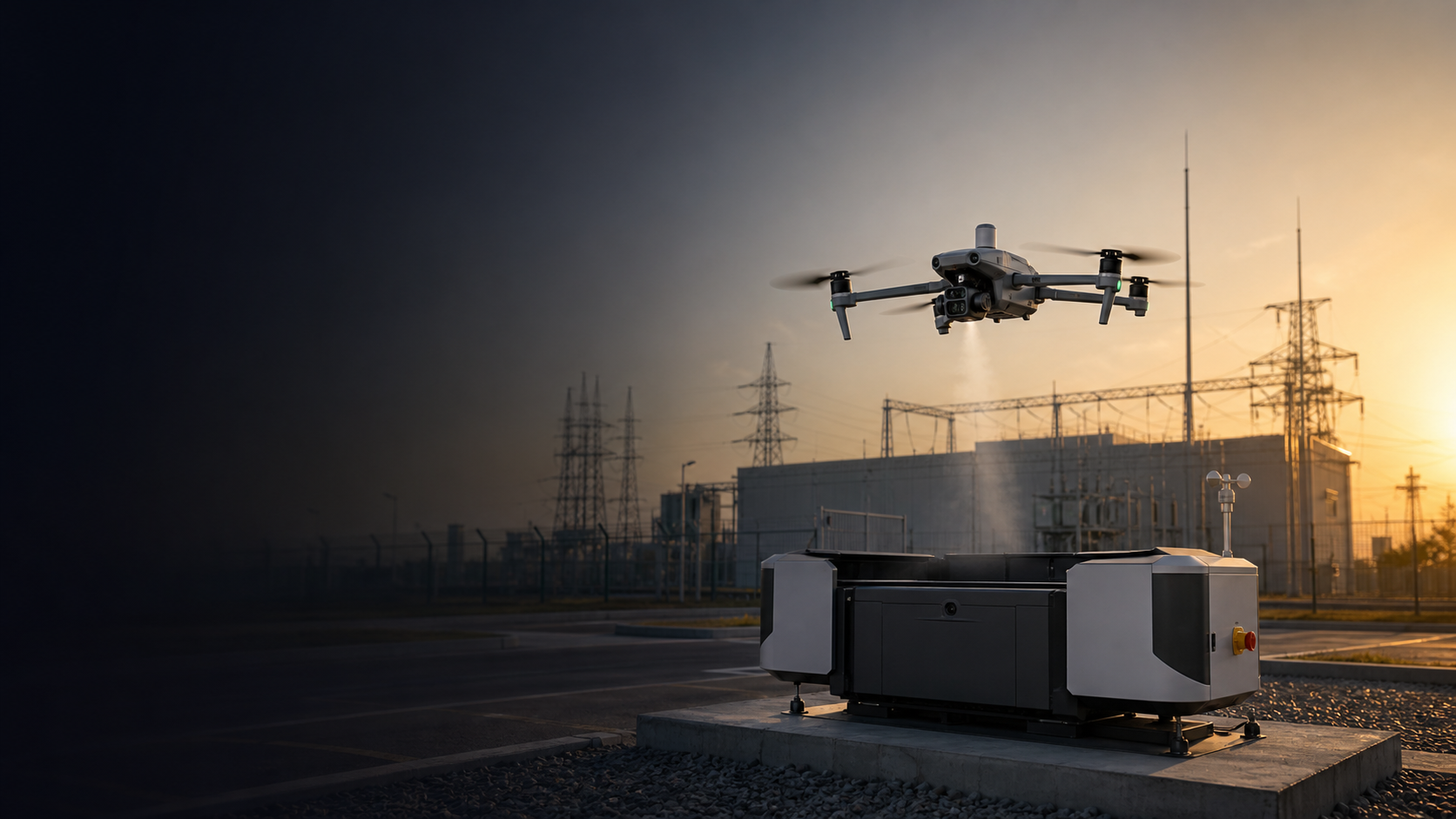 DJI Matrice 4D compact enterprise drone taking off from DJI Dock 3 for automated industrial inspection and remote operations
