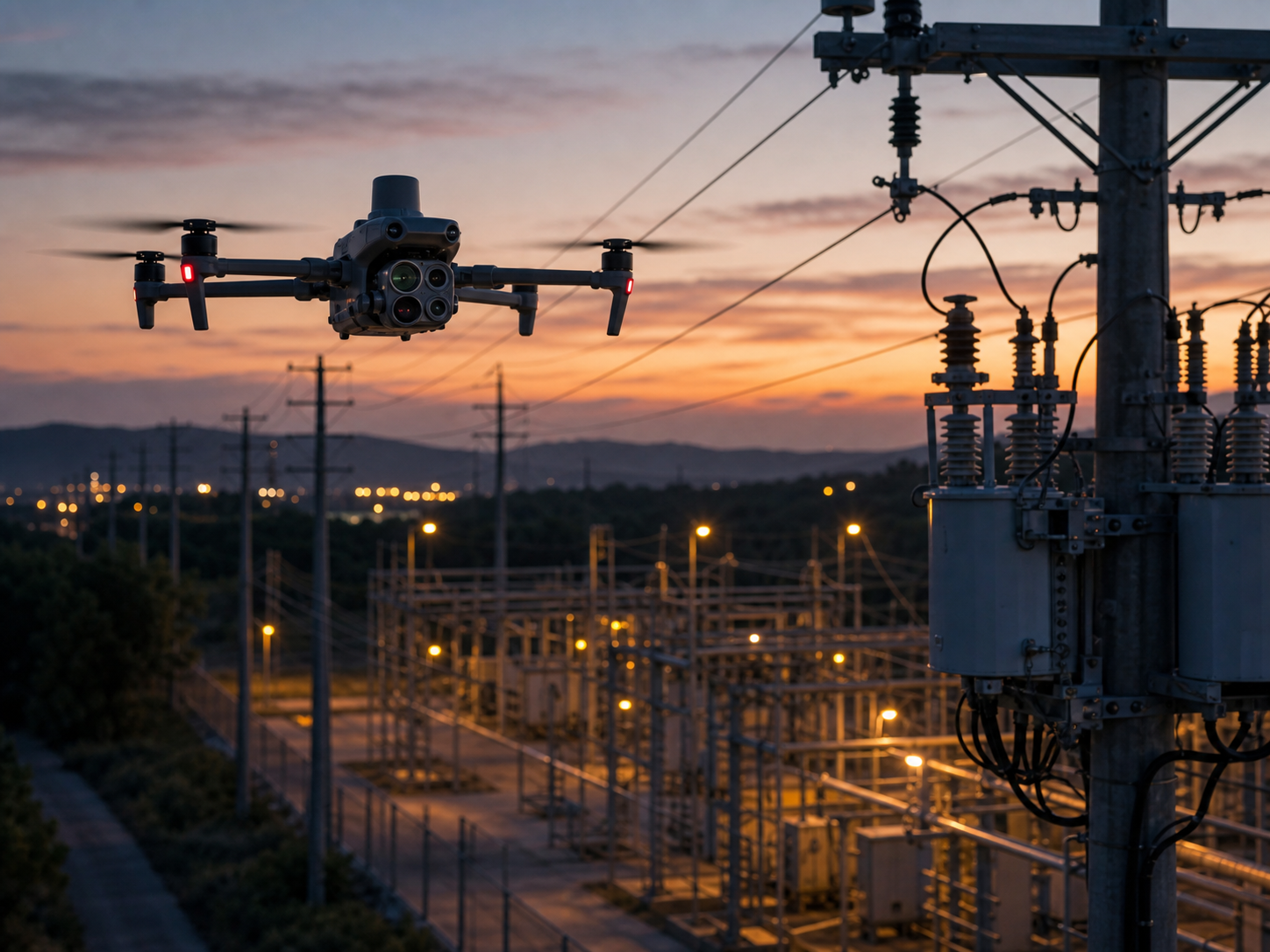 Compact thermal drone inspecting power distribution lines and pole equipment
