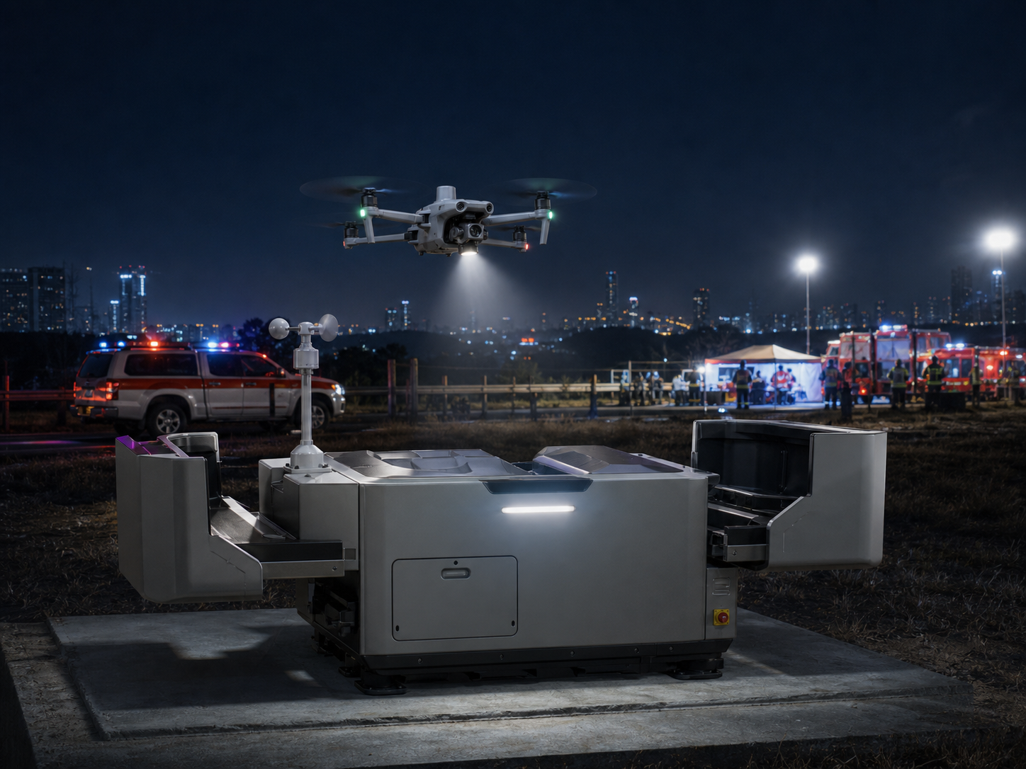 Docked drone prepared for remote emergency response