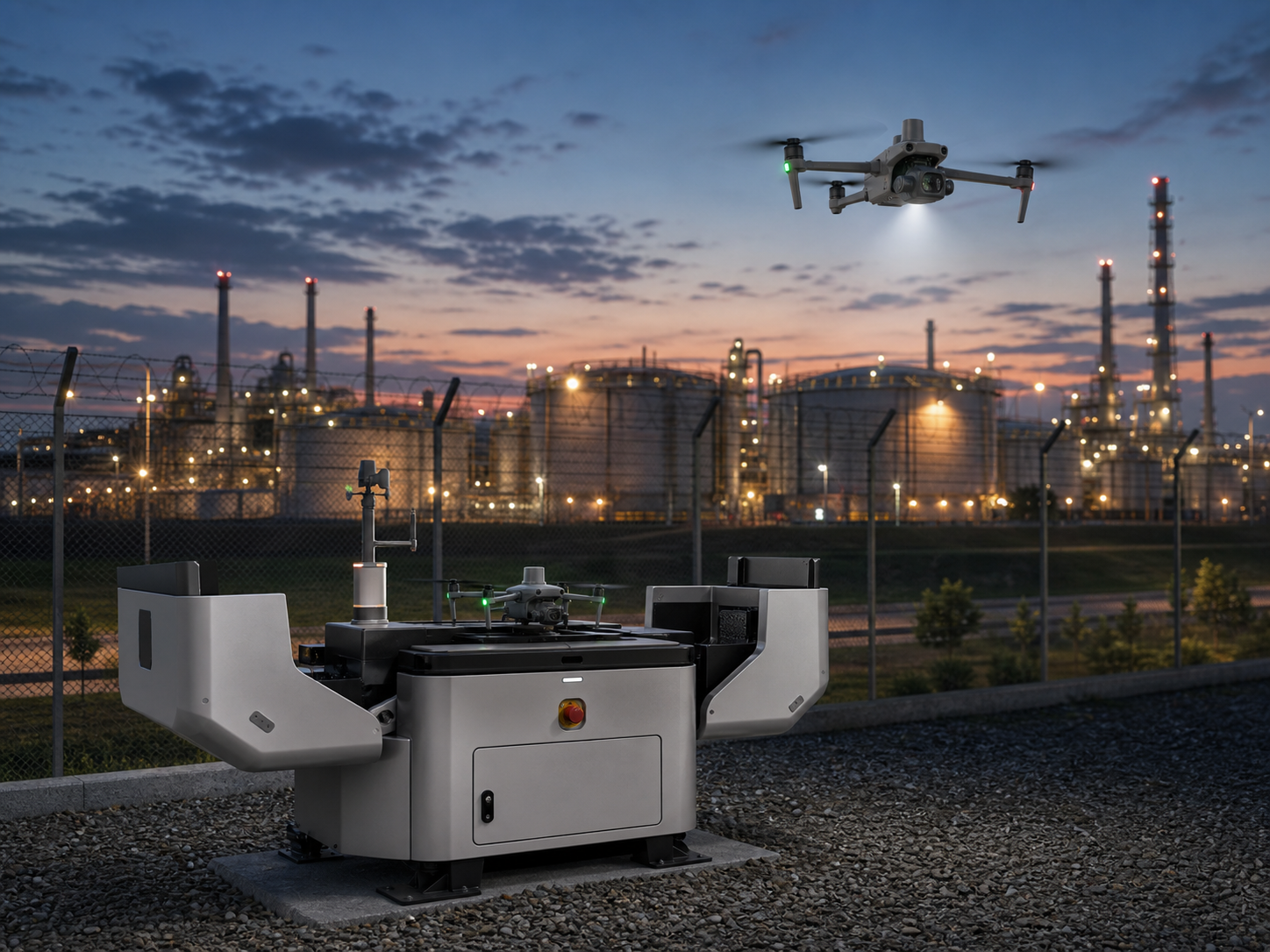 Dock-based drone performing an automated industrial facility patrol