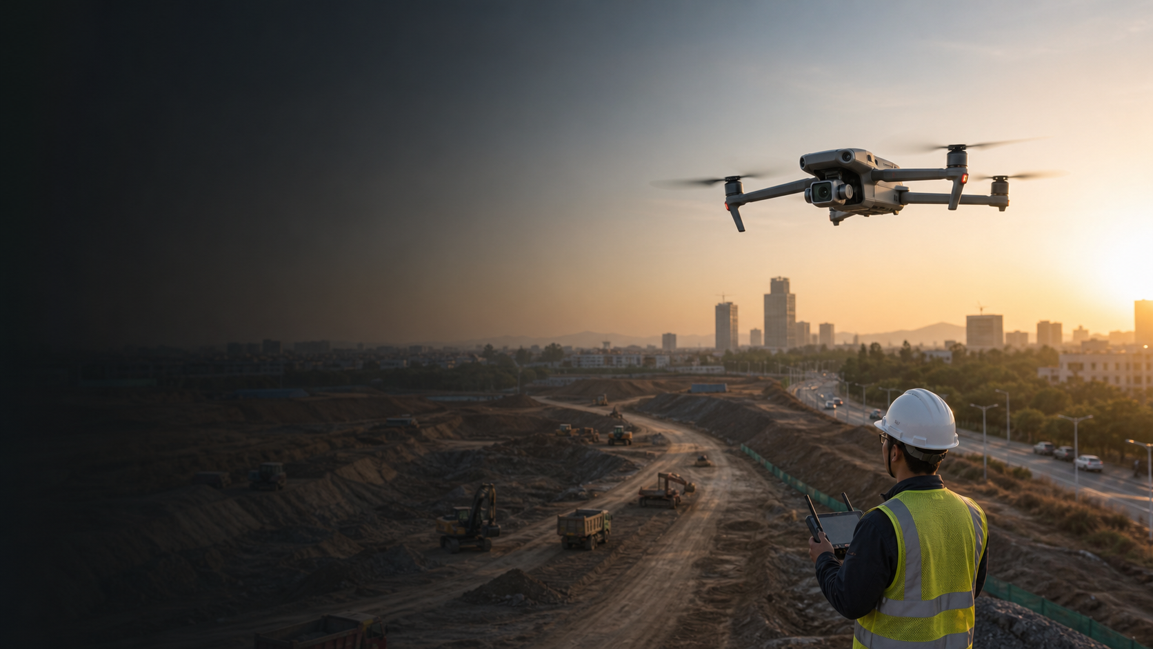 DJI Mavic 3 Enterprise Series portable enterprise drone flying over a construction and urban inspection site for mapping and field operations
