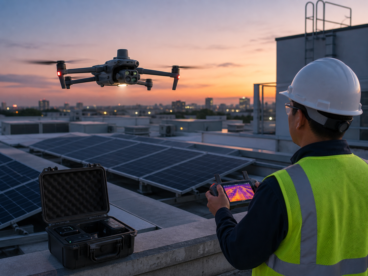 DJI Mavic 3T thermal enterprise drone inspecting rooftop solar panels and commercial building assets at dusk