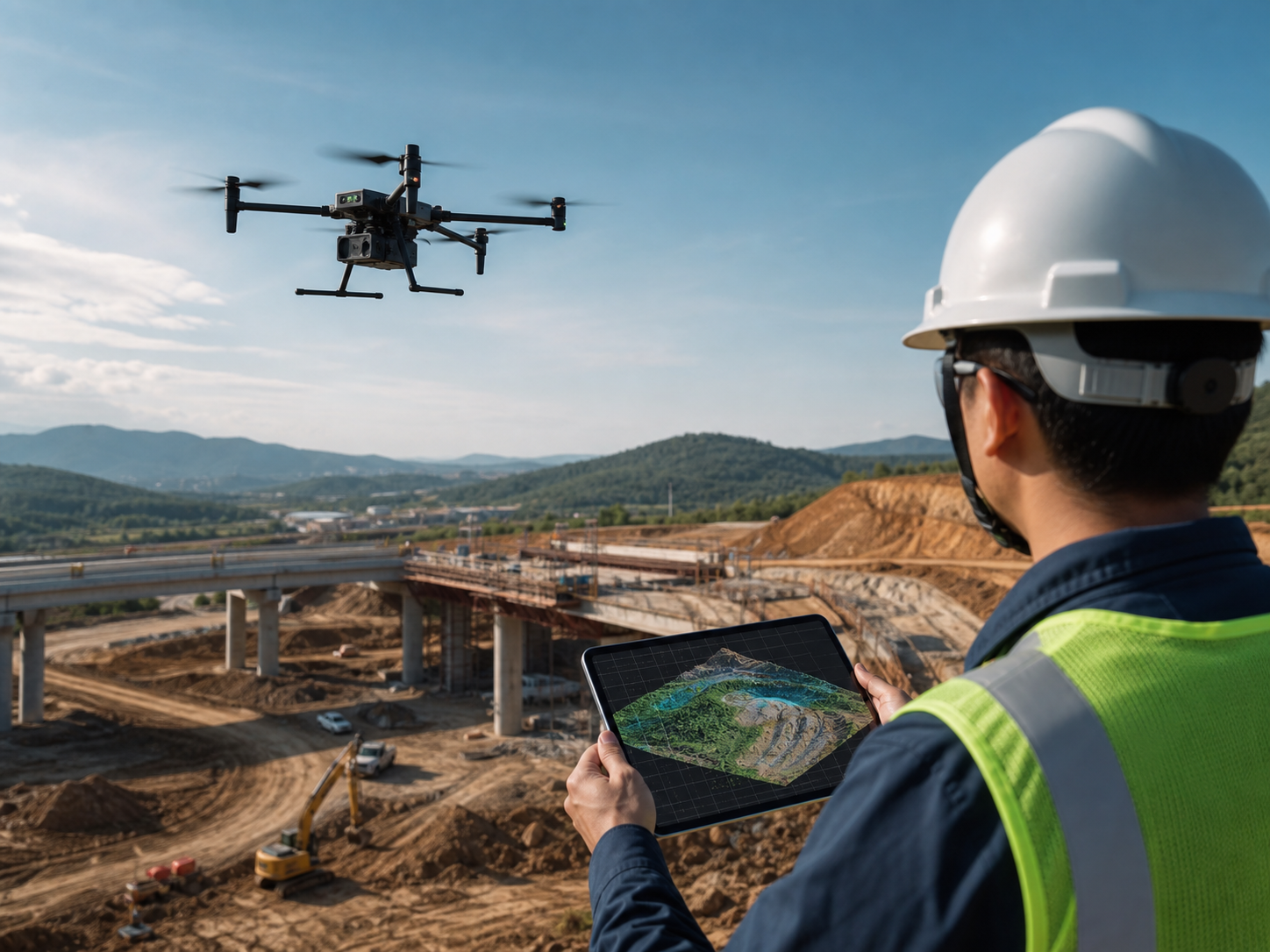 Enterprise mapping drone collecting survey data over an infrastructure construction site with a tablet workflow