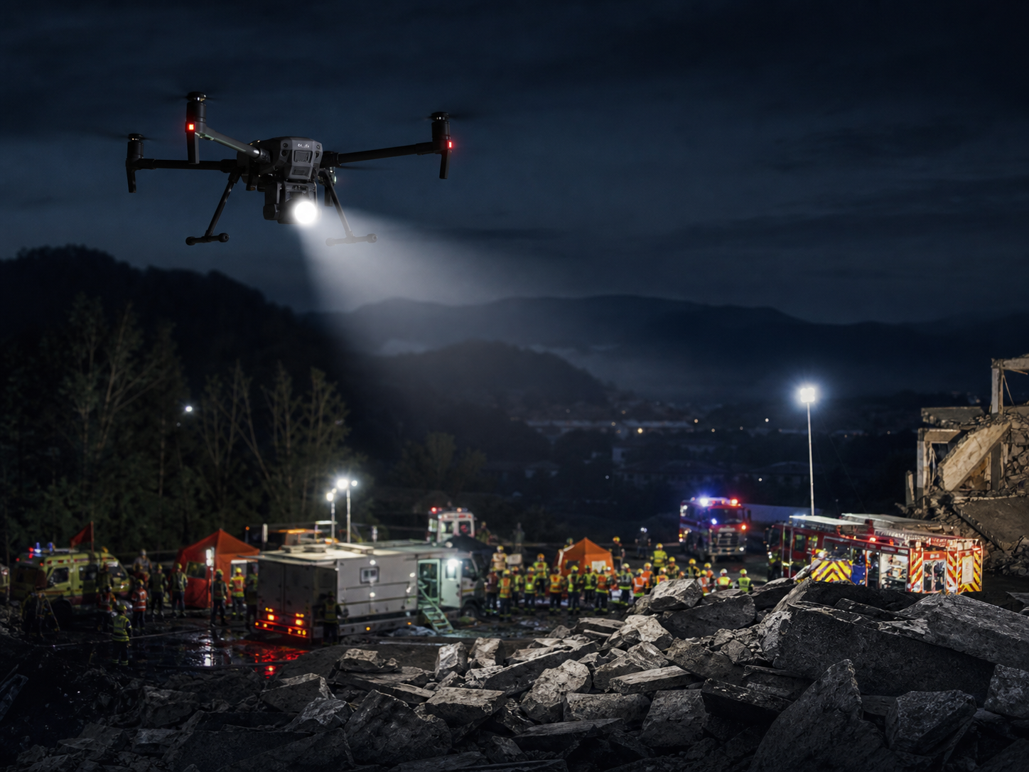 Enterprise drone with searchlight supporting nighttime emergency response and search and rescue operations