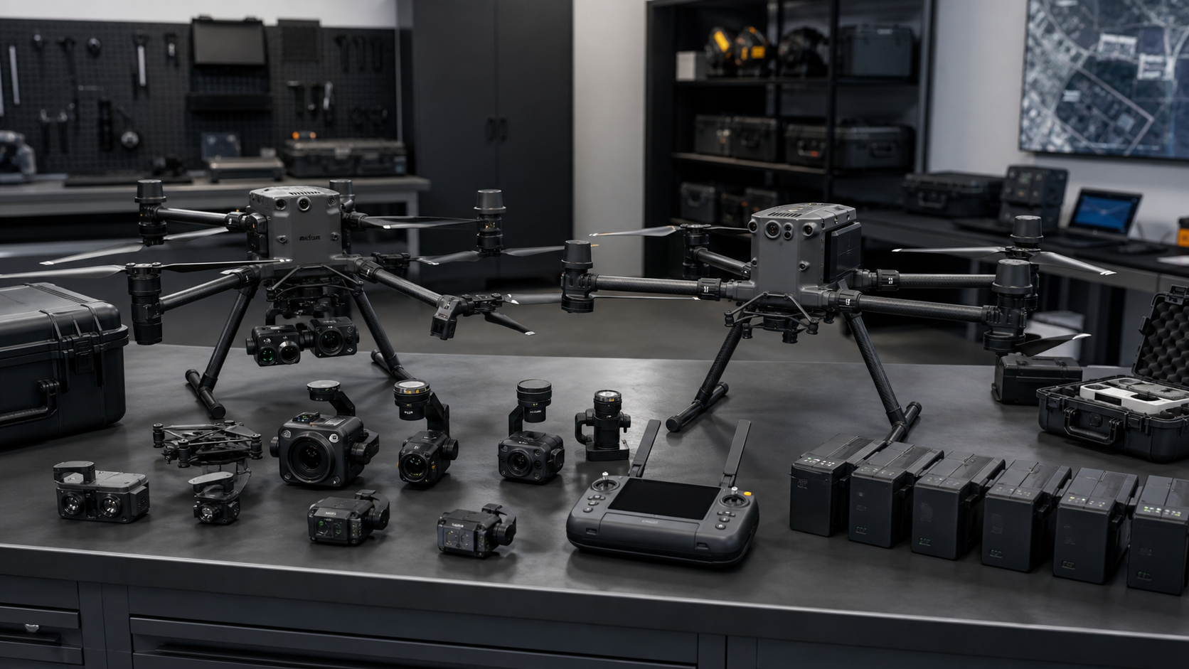 Enterprise drone products, payload modules, batteries, controller, and rugged cases prepared for industrial missions