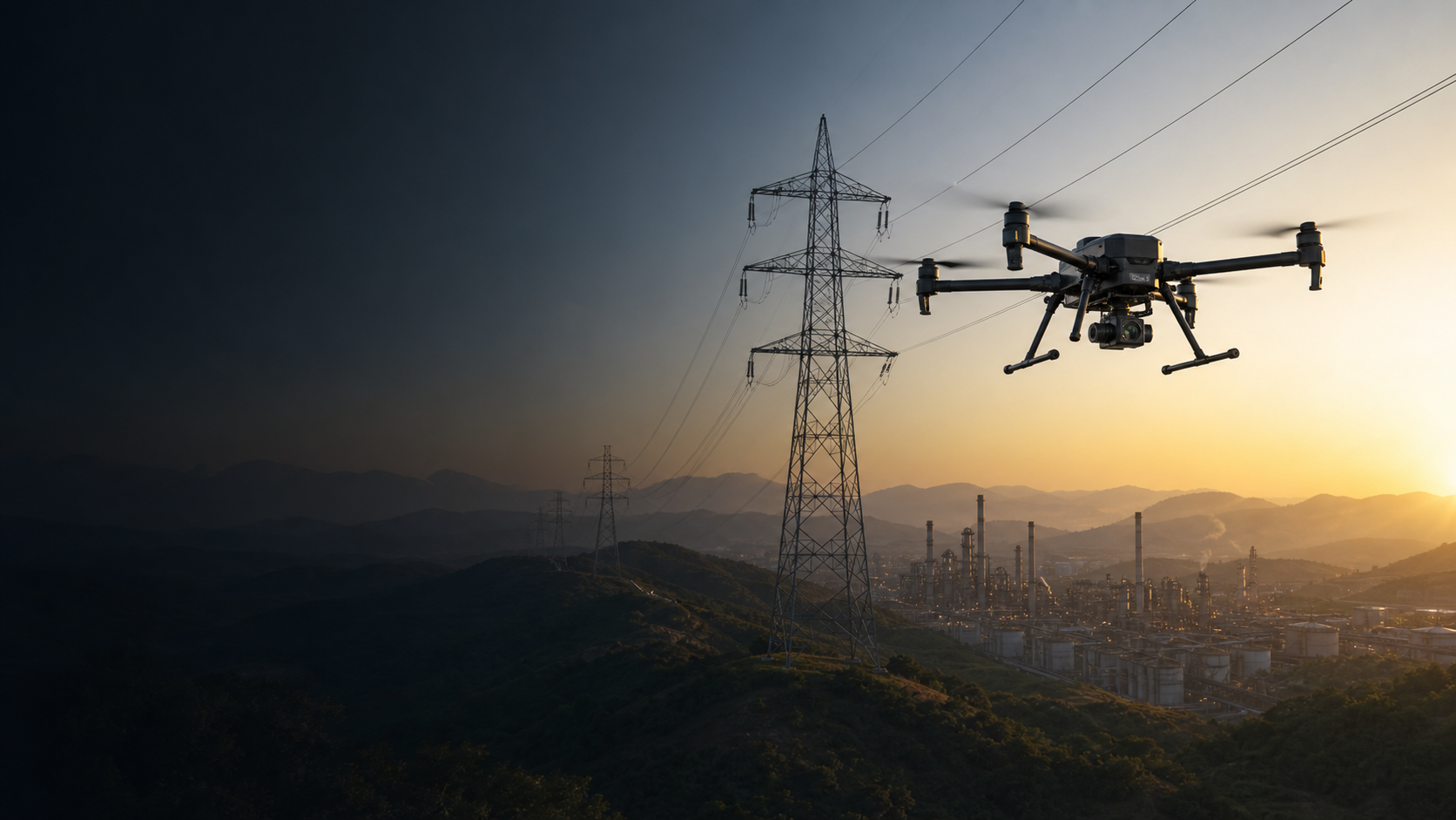 Enterprise industrial drone flying near power transmission lines for utility inspection and infrastructure monitoring