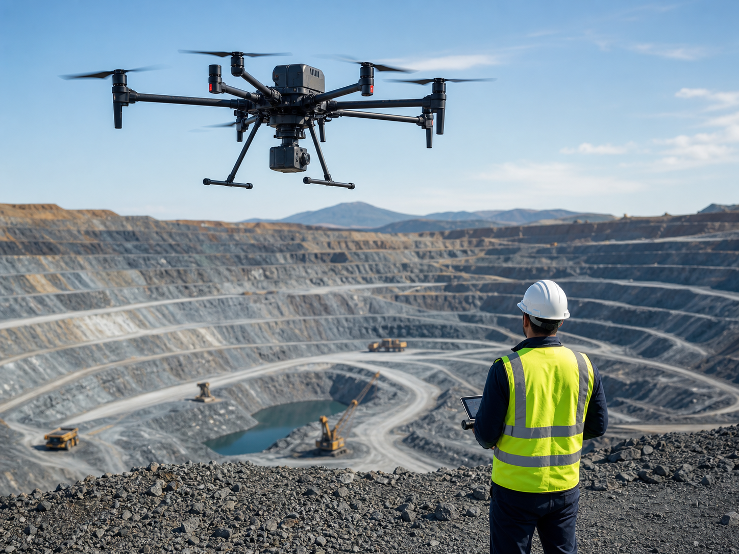 Enterprise drone surveying an open pit mine for terrain mapping, stockpile measurement, and slope monitoring