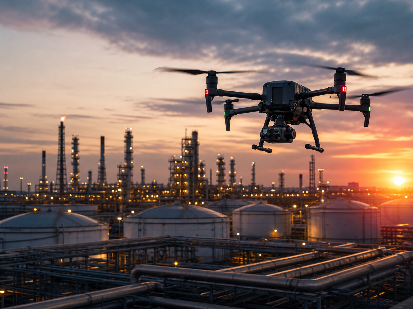 Enterprise drone inspecting oil and gas storage tanks and refinery pipelines from a safe distance