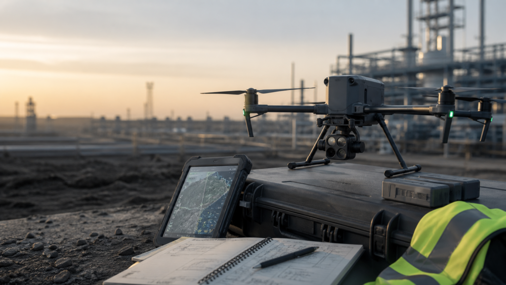 Industrial drone procurement planning kit with enterprise aircraft, field tablet, batteries, and engineering notebook