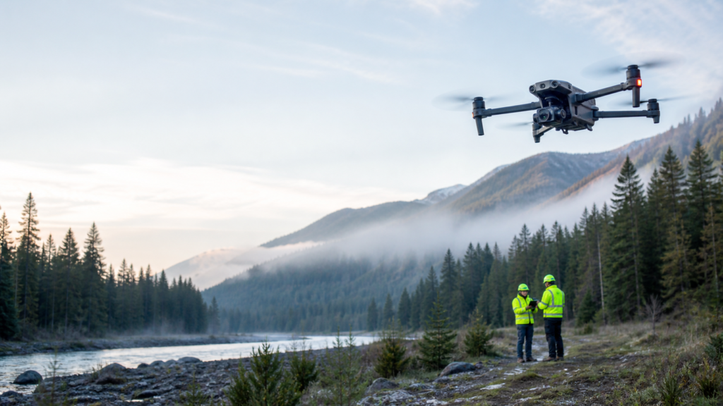Enterprise drone supporting organized search and rescue planning above a mountain river valley
