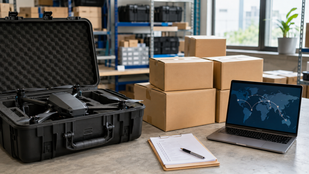 Enterprise drone transport case, prepared cartons, and logistics planning workspace
